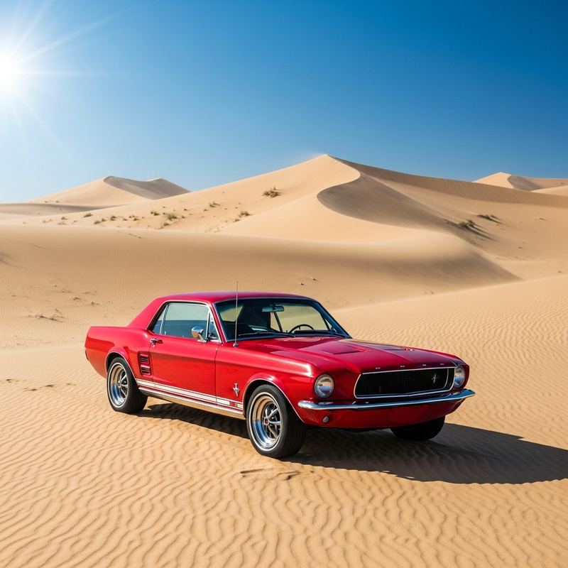 Vintage Red Ford Mustang in Desert | Tranquil Scene with Shimmering Beauty Vintage Red Ford Mustang in Desert | Tranquil Scene with Shimmering Beauty