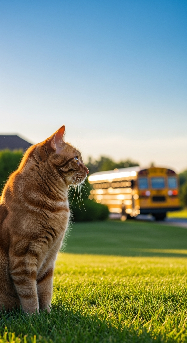 Tranquil Ginger Cat on Green Lawn Watching School Bus on Sunny Day
