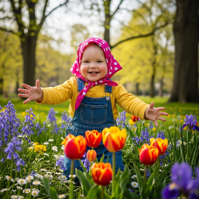 Cute Child in Pink Headscarf Playing in Colorful Park Cute Child in Pink Headscarf Playing in Colorful Park