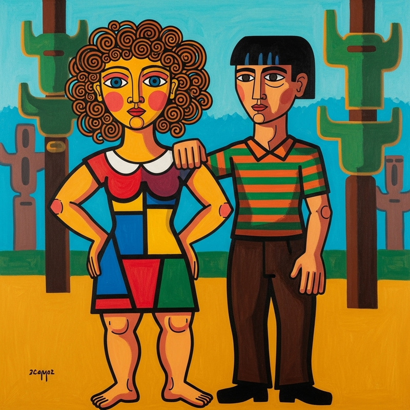 Curly-Haired Beauty and Man in Primitive Art Style Curly-Haired Beauty and Man in Primitive Art Style