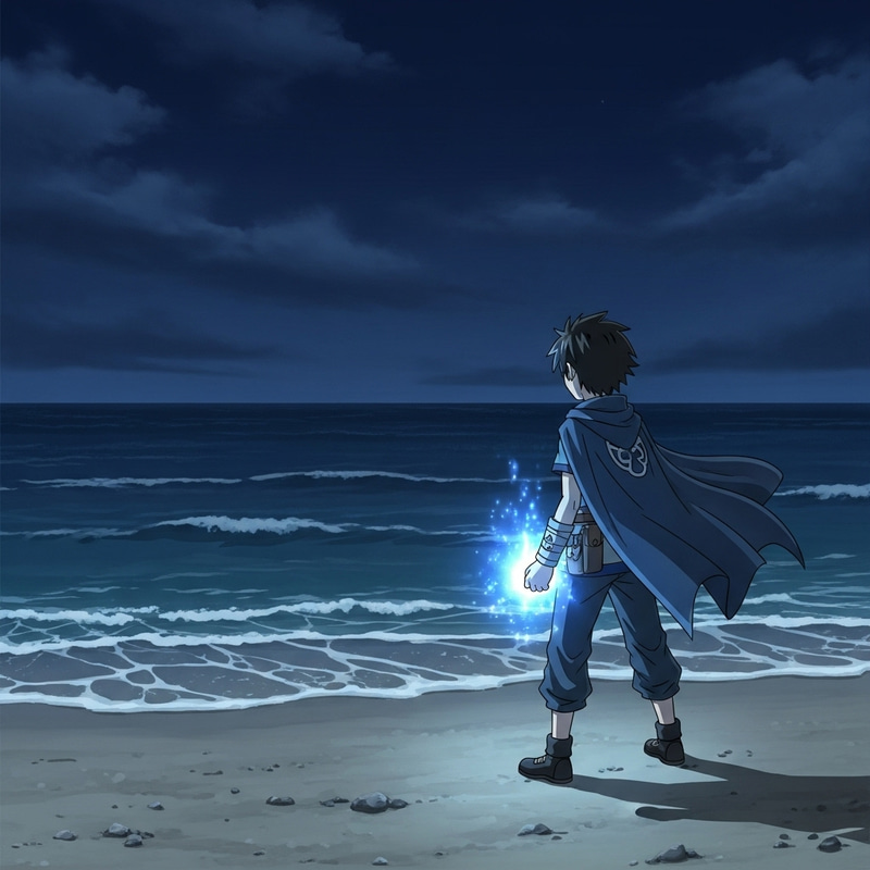 Powerful Boy Megumi Fushiguroiz Stands by Dark Ocean Shore | 4K View Powerful Boy Megumi Fushiguroiz Stands by Dark Ocean Shore | 4K View