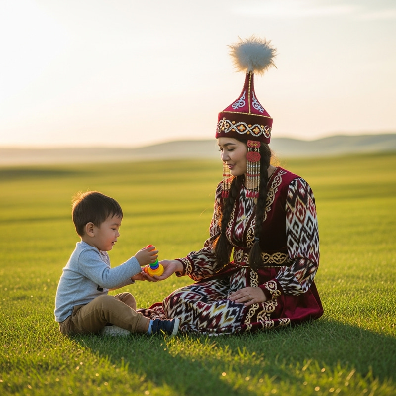 Traditional Kazakh Mother and Son Enjoying Green Meadow at Sunset