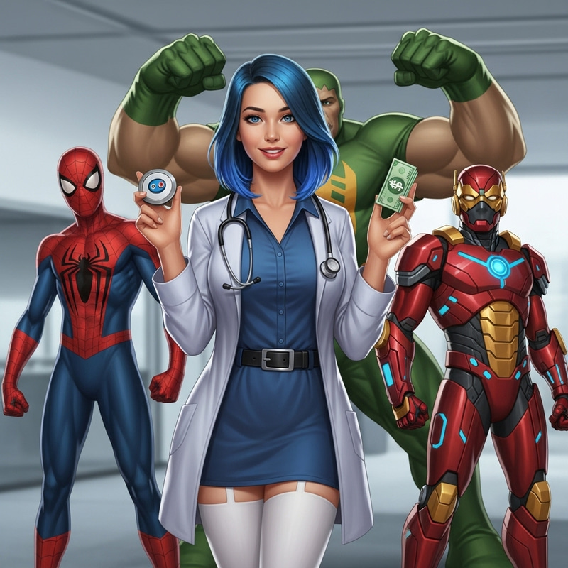 Young Doctor in Blue Hair with Bitcoin, Superheroes in Background Young Doctor in Blue Hair with Bitcoin, Superheroes in Background