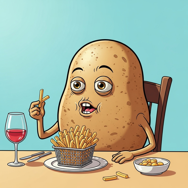 Potato Eating French Fry - Humorous Cartoon Scene Potato Eating French Fry - Humorous Cartoon Scene