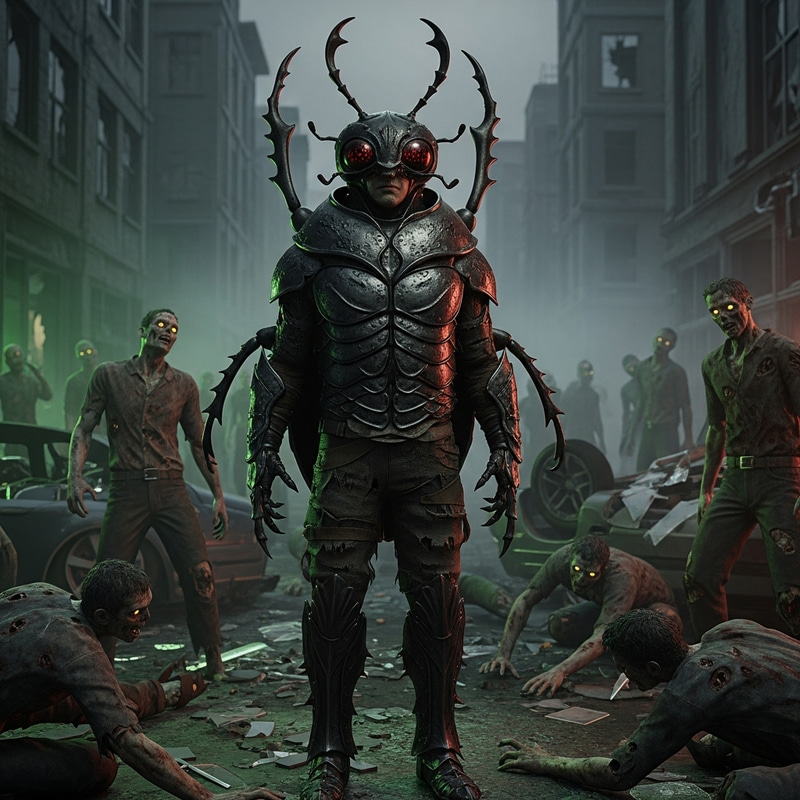 Beetle Man Battling Zombies in Epic 3D Scene Beetle Man Battling Zombies in Epic 3D Scene