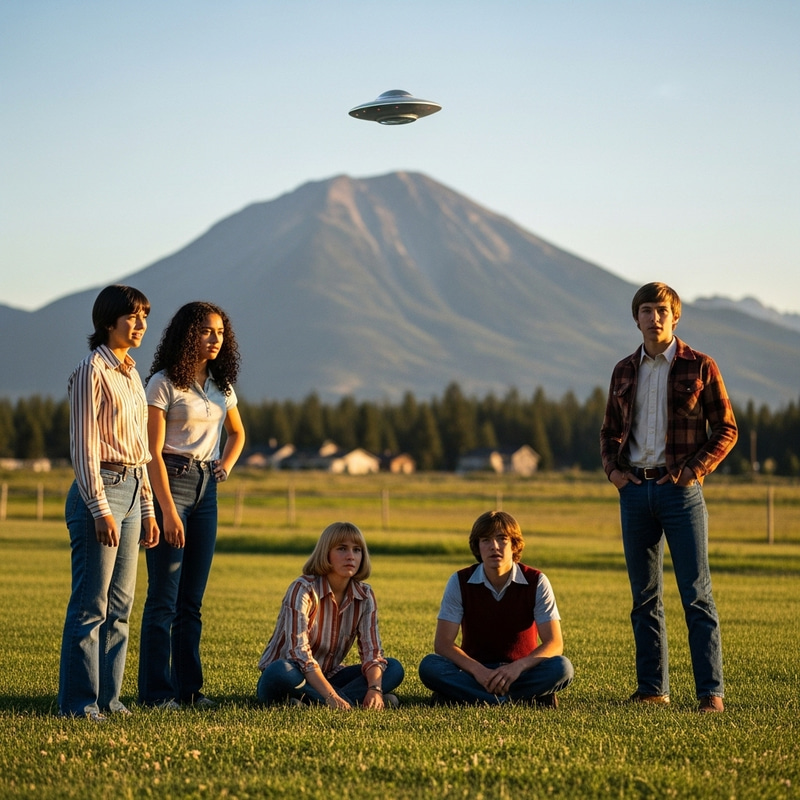 Captivating 70s Summer Encounter with UFO in Meadow Captivating 70s Summer Encounter with UFO in Meadow