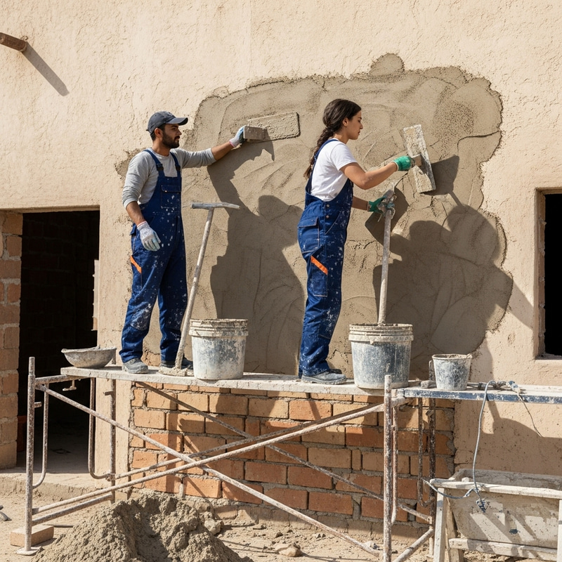 Middle Eastern Worker Plastering Traditional House Exterior Middle Eastern Worker Plastering Traditional House Exterior