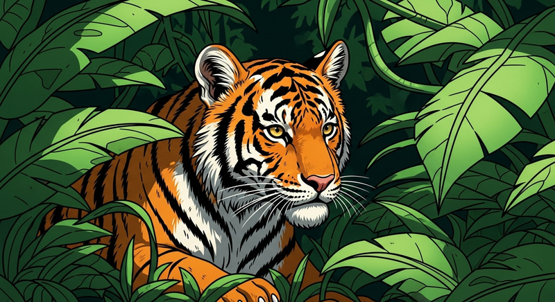 Hidden Juvenile Tiger in Vegetation - Camouflage Hunting Scene Hidden Juvenile Tiger in Vegetation - Camouflage Hunting Scene