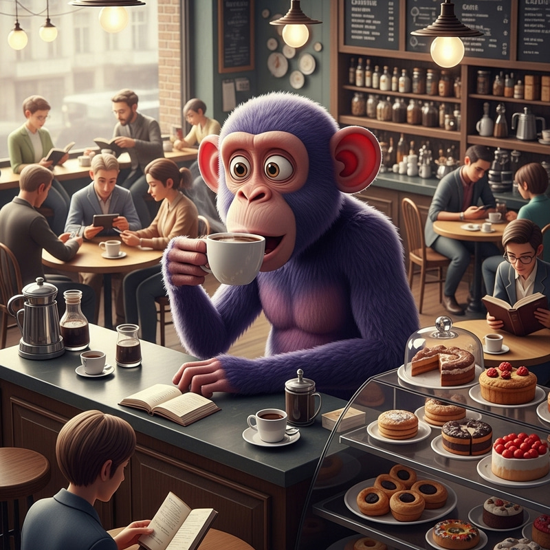 Animated Purple Monkey in Cozy Coffee Setting