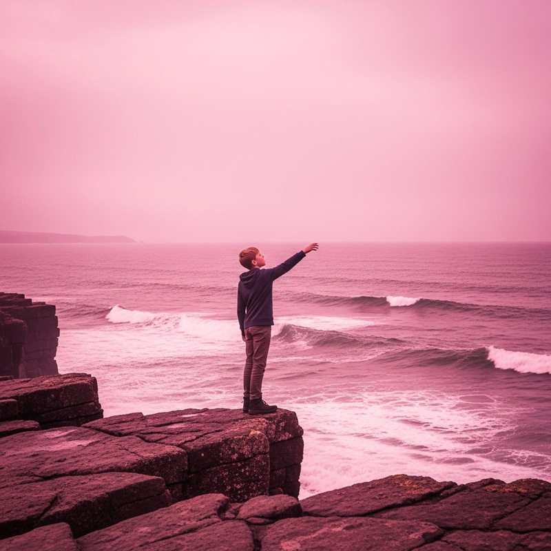 A Boy Reaching for the Sky on a Pink Cliff A Boy Reaching for the Sky on a Pink Cliff