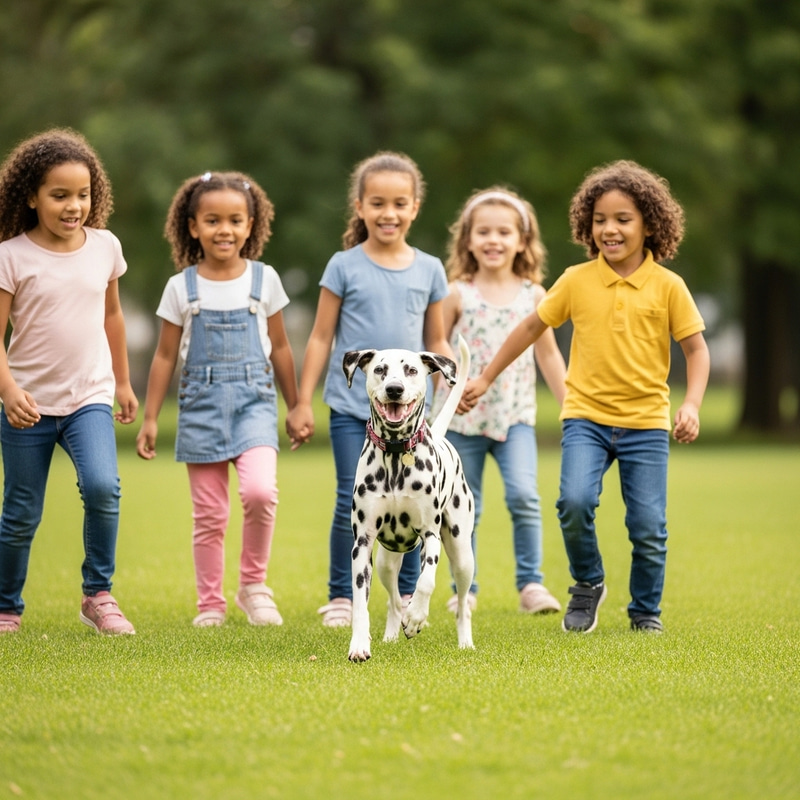 Playful Dalmatian Dog Enjoys Park Fun with Kids Playful Dalmatian Dog Enjoys Park Fun with Kids