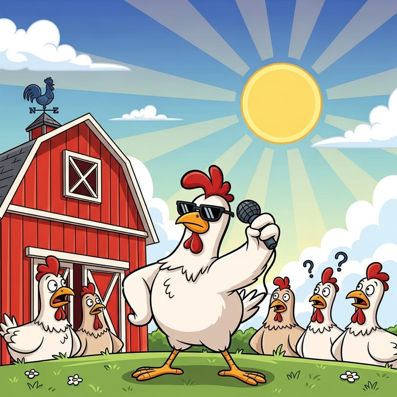 Funny Cartoon Chickens in Red Barn - Sunglasses & Microphone