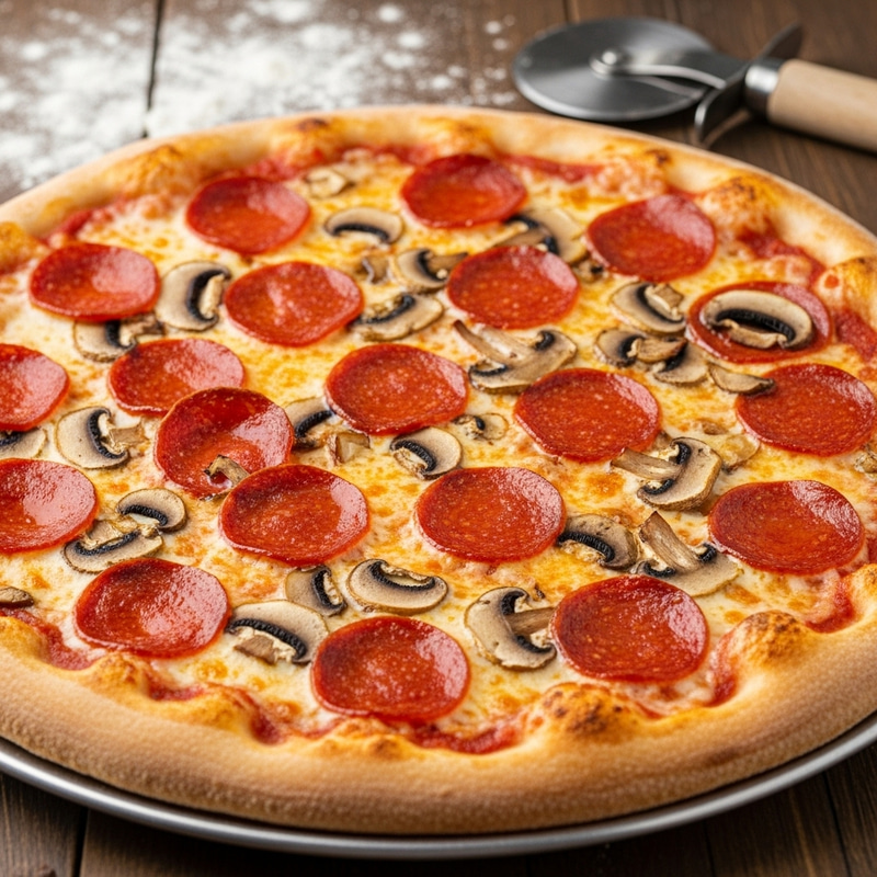Classic Pepperoni and Mushroom Pizza with Rustic Charm