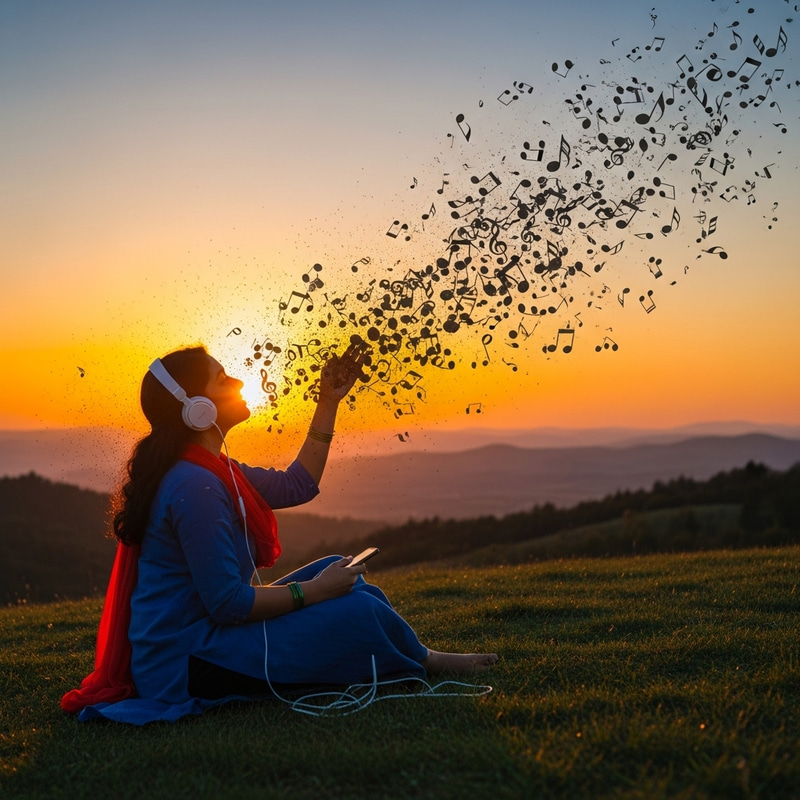 Musical explosion at sunset: Woman surrounded by random musical notes