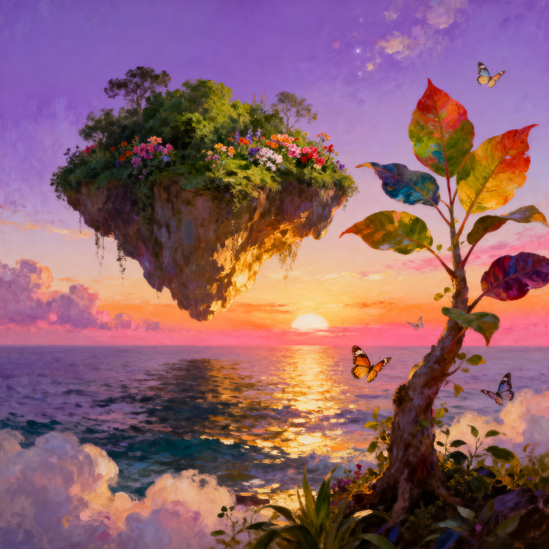 Surreal Floating Island Dreamscape at Sunset