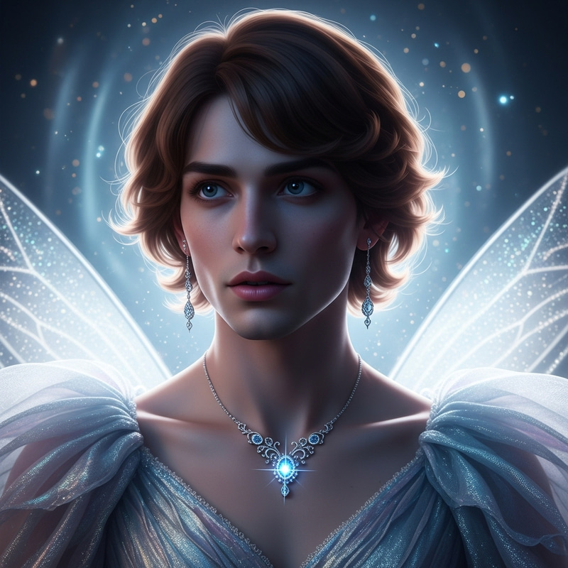 Short Chestnut Haircut, Necklace, Earrings, Beautiful Shiny Airy Transparent Fairy Dress in Blue Silver Short Chestnut Haircut, Necklace, Earrings, Beautiful Shiny Airy Transparent Fairy Dress in Blue Silver