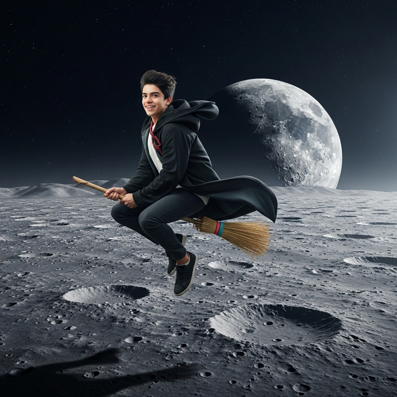 Hispanic Male Flying Broomstick Over Moon's Craters Hispanic Male Flying Broomstick Over Moon's Craters
