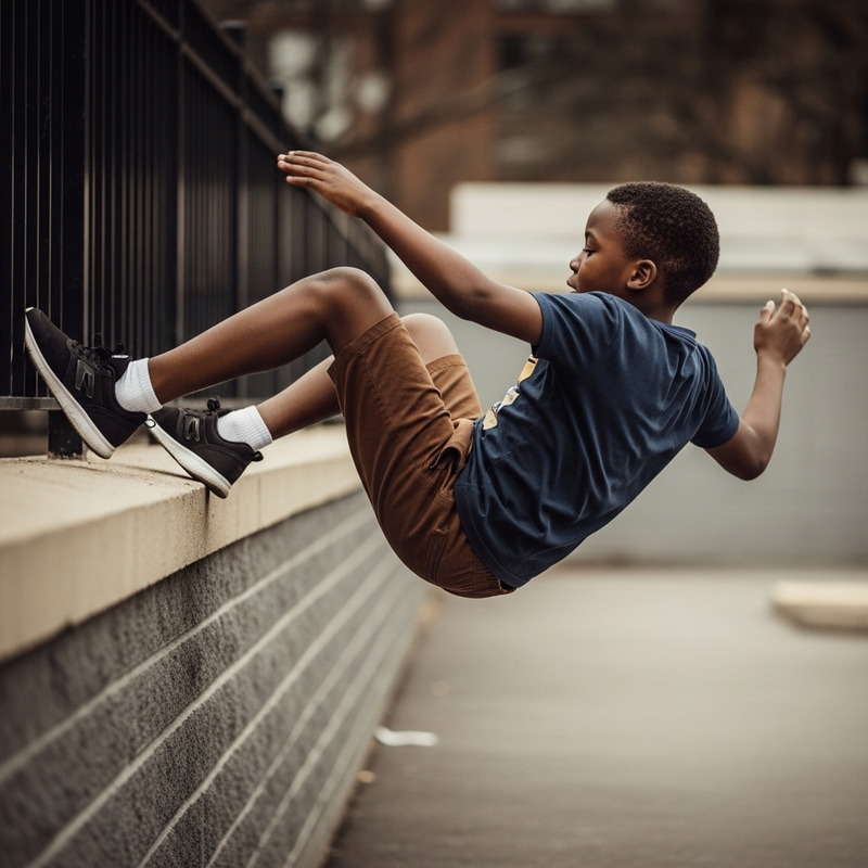 Young Boy Falling from Wall in Action Shot