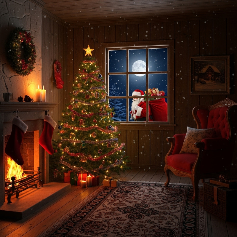 Festive Christmas Village Scene with Santa and Fireplace Glow Festive Christmas Village Scene with Santa and Fireplace Glow