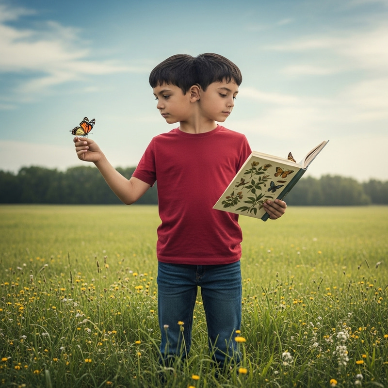 Two-Headed Boy in Open Field Observing Butterfly and Reading Book Two-Headed Boy in Open Field Observing Butterfly and Reading Book
