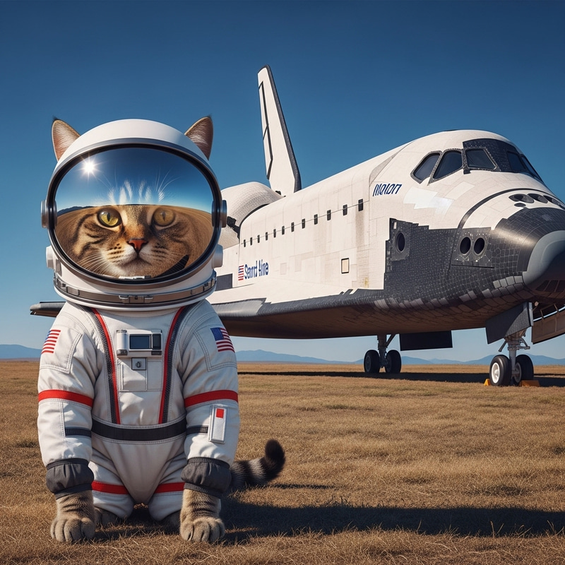 Cat in Astronaut Suit with Space Shuttle in Background Cat in Astronaut Suit with Space Shuttle in Background