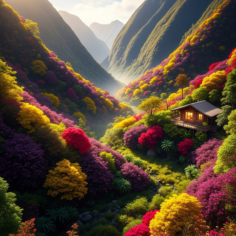 Serene Paradise with Purple Plants | Maroon Flora in Lush Valleys