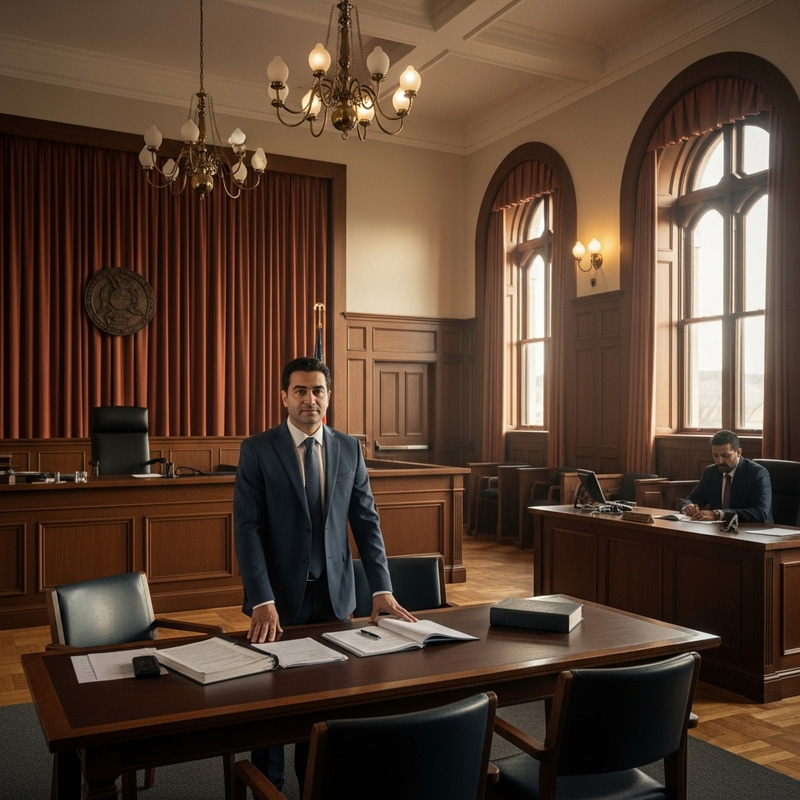40-Year-Old Middle-Eastern Lawyer in Courtroom Setting 40-Year-Old Middle-Eastern Lawyer in Courtroom Setting