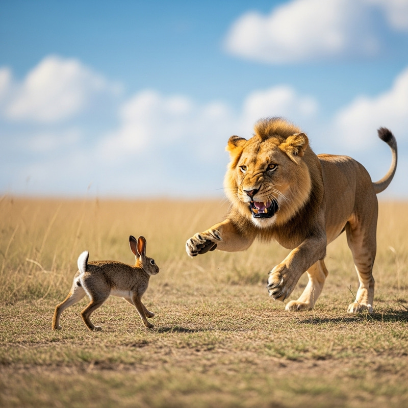 Lion and Rabbit Playful Chase - Wildlife Encounter Lion and Rabbit Playful Chase - Wildlife Encounter