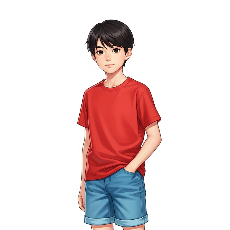 Intricate East Asian Boy Illustration with Confident Stance Intricate East Asian Boy Illustration with Confident Stance
