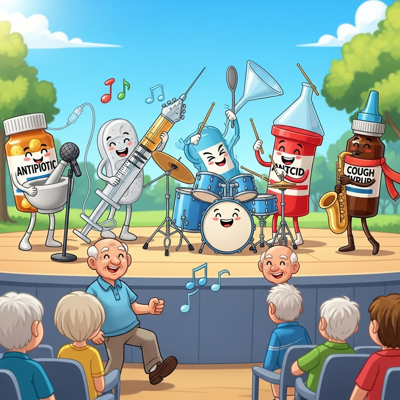 Healthy Old Man Smiling Surrounded by Pharmacy Drugs Healthy Old Man Smiling Surrounded by Pharmacy Drugs