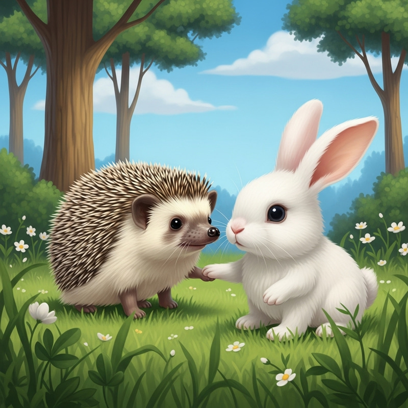 Hedgehog and Bunny Play in Meadow Hedgehog and Bunny Play in Meadow