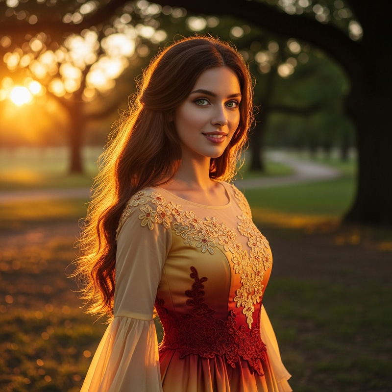 Enchanting Chestnut-Haired Beauty in Sunset-Colored Dress Enchanting Chestnut-Haired Beauty in Sunset-Colored Dress