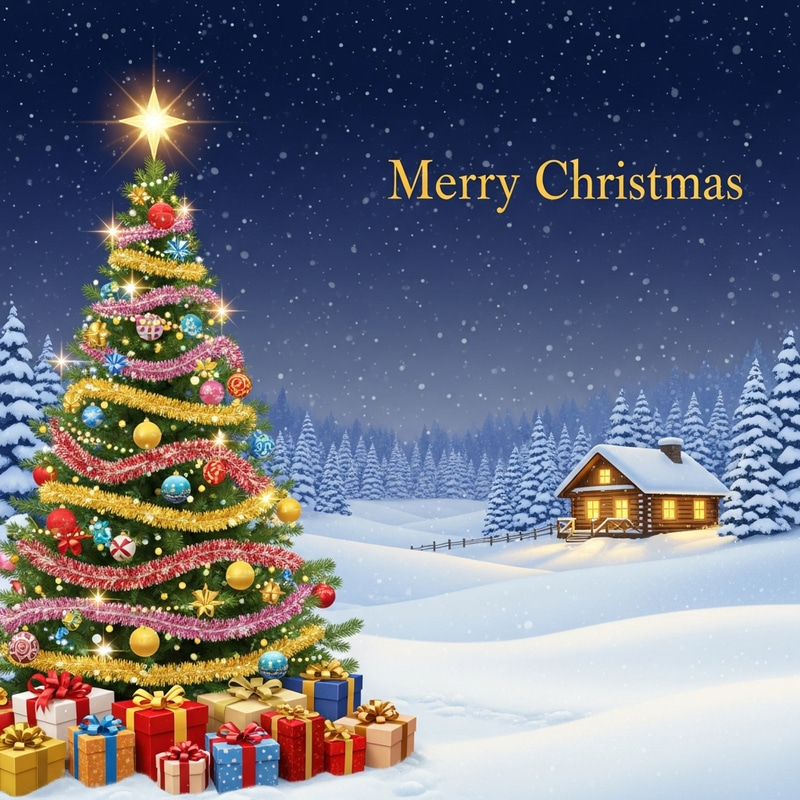 Festive Christmas Wish Background: Snowy Landscape with Log Cabin