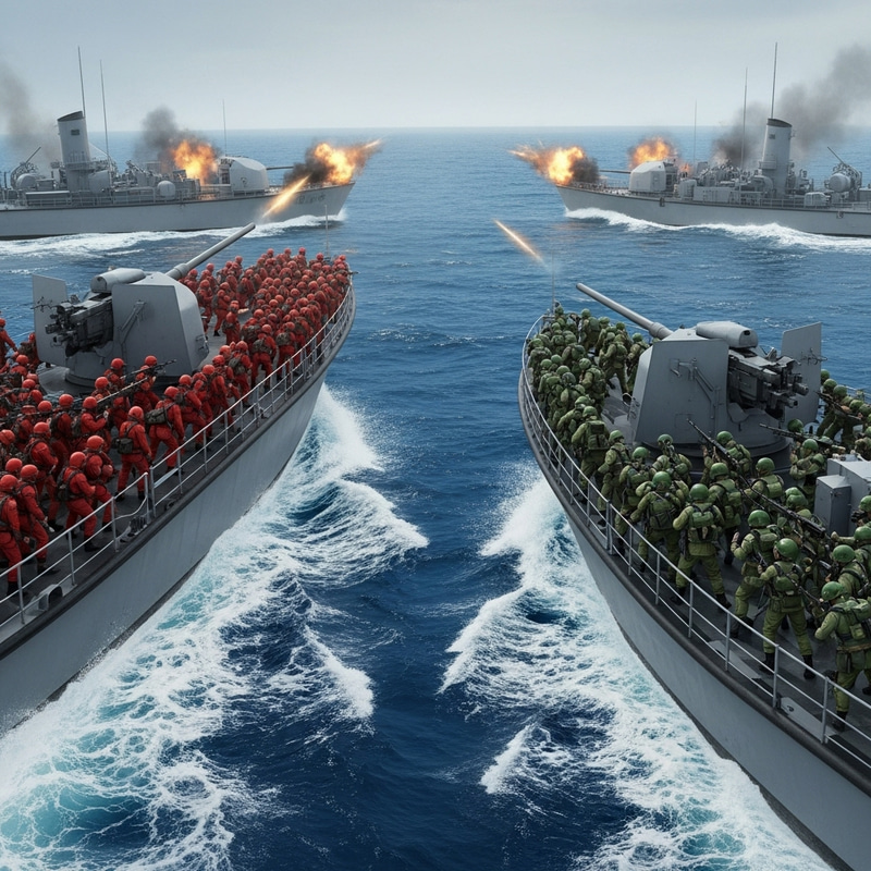Battle of Naval Forces: Red vs. Green Attire in Turbulent Seas Battle of Naval Forces: Red vs. Green Attire in Turbulent Seas