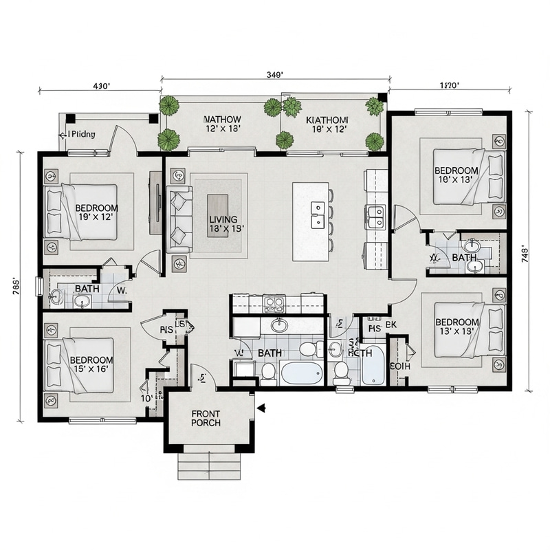 3-Bedroom House Floor Plan with 2 Bathrooms, Living Room, Kitchen & Front Area 3-Bedroom House Floor Plan with 2 Bathrooms, Living Room, Kitchen & Front Area