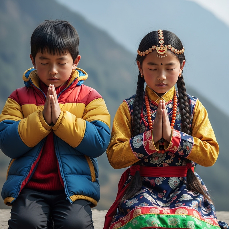 Sherpa Culture: Boy and Girl in Traditional Attire Praying Sherpa Culture: Boy and Girl in Traditional Attire Praying