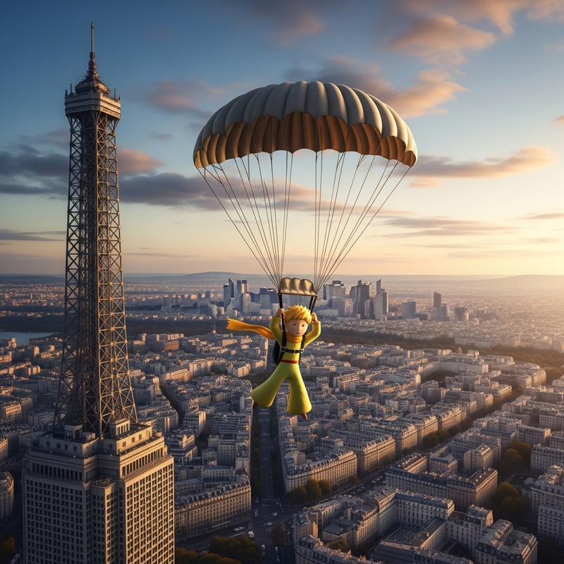 Le Petit Prince Parachuting from Montparnasse Tower in Paris
