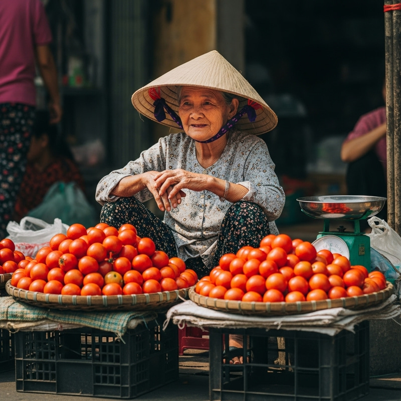 Elderly Vietnamese Woman Selling Tomatoes - Authentic Market Scene Elderly Vietnamese Woman Selling Tomatoes - Authentic Market Scene