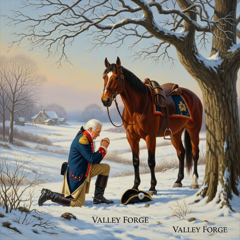 George Washington Kneeling and Praying at Valley Forge in Thomas Kinkade Style George Washington Kneeling and Praying at Valley Forge in Thomas Kinkade Style