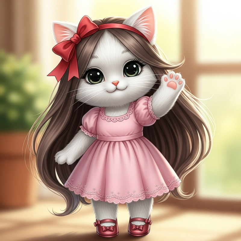 Cute Anthropomorphic Hello Kitty with Long Brown Hair