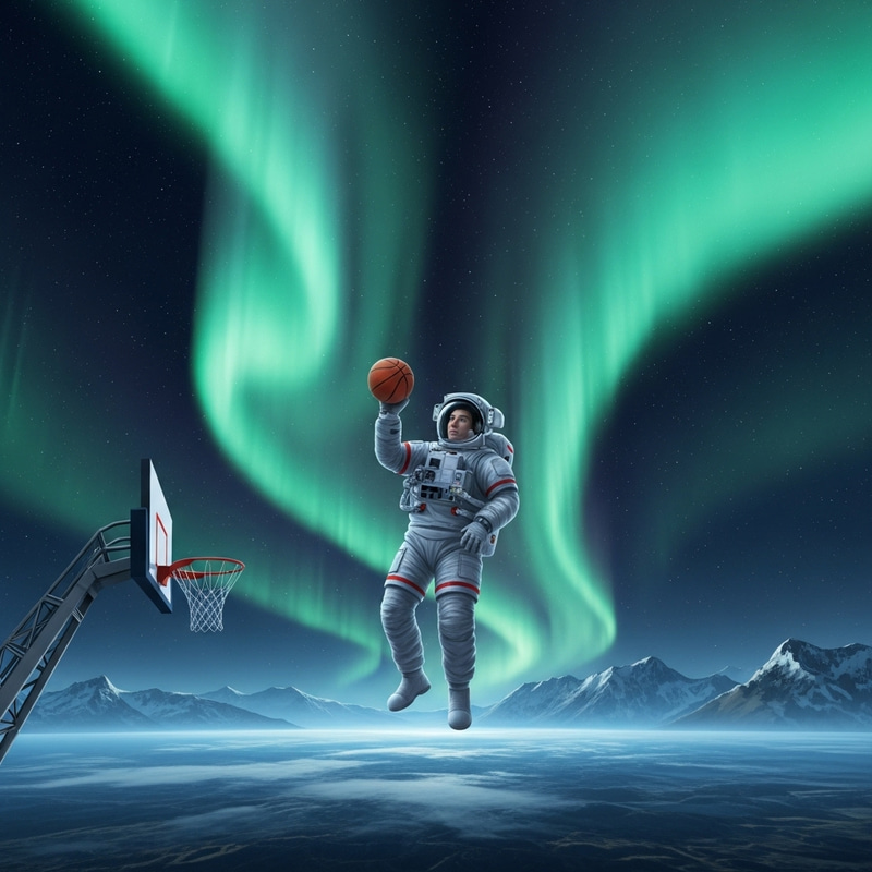 Astronaut Playing Basketball in Aurora Borealis