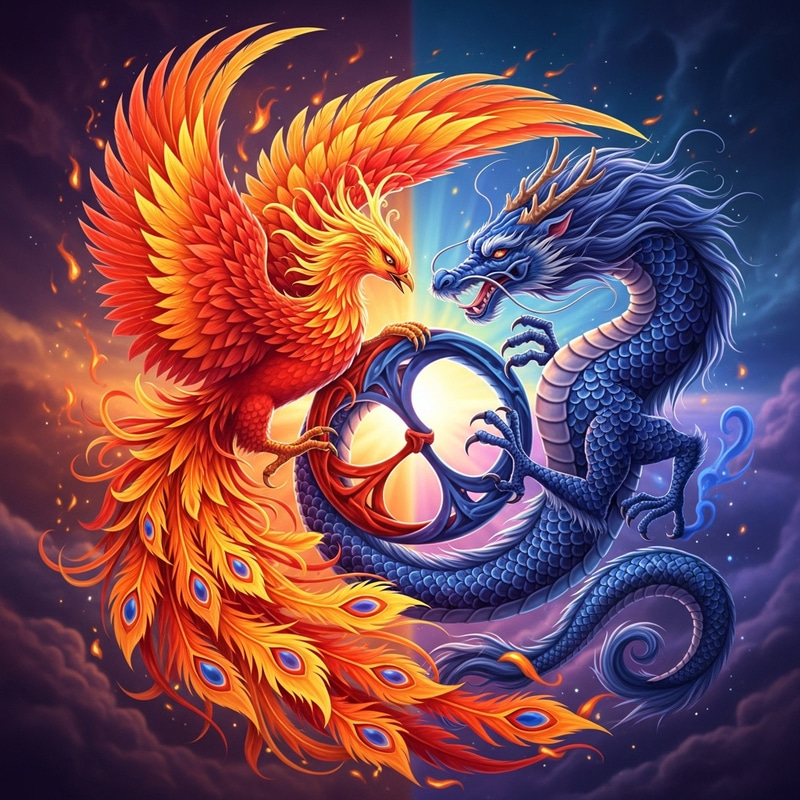 Phoenix and Dragon Embracing - Mythical Harmony Symbol