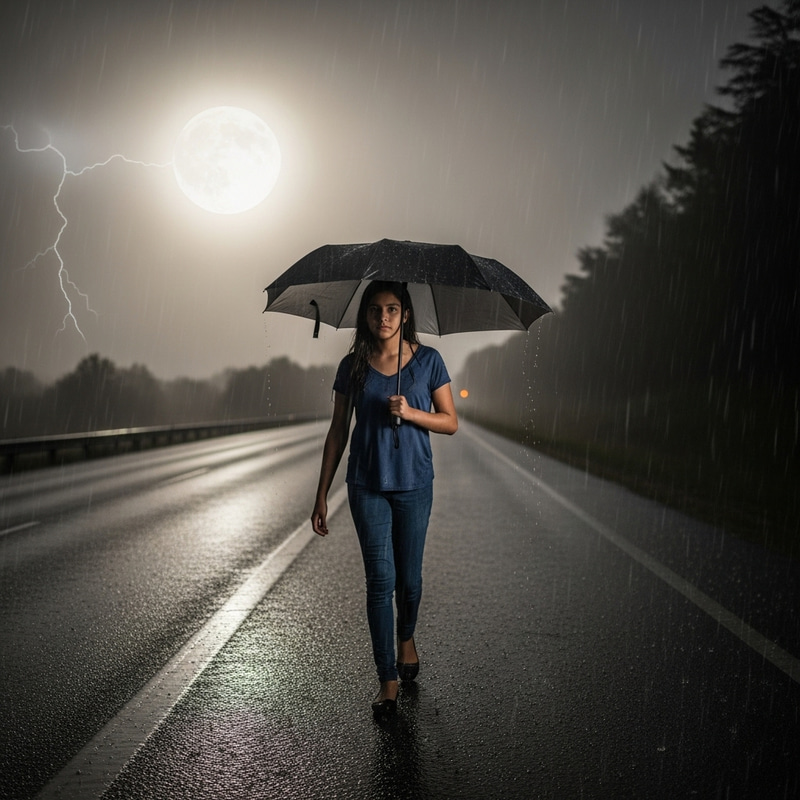 Hispanic Girl Walking in Rainy Moon Thunderstorm on Foggy Highway Hispanic Girl Walking in Rainy Moon Thunderstorm on Foggy Highway