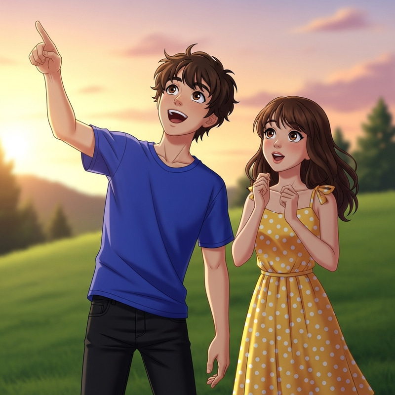 Brown-Haired Boy and Girl with Brown Eyes in Joyful Moment Brown-Haired Boy and Girl with Brown Eyes in Joyful Moment