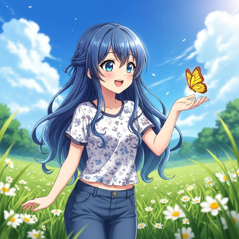 Captivating Anime Girl with Sparkling Eyes in Vibrant Blue Hair and Casual Outfit Captivating Anime Girl with Sparkling Eyes in Vibrant Blue Hair and Casual Outfit