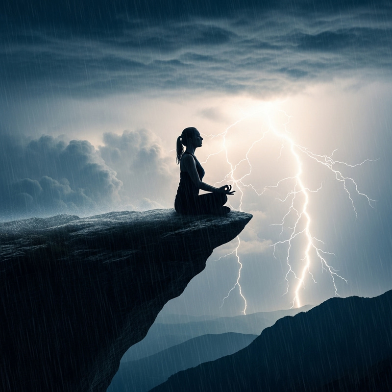 Calm Serenity: Meditating Woman Braving Thunderstorm on Mountain Cliff
