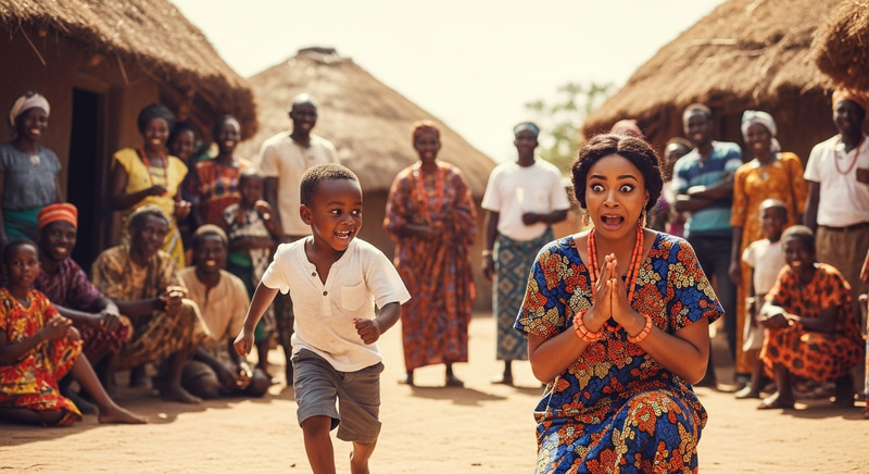 Heartwarming Scene: Young African Boy Chases Woman in Rustic Village