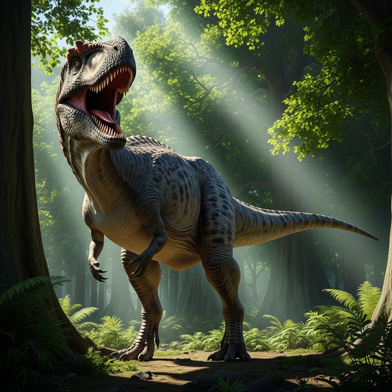 Majestic Dinosaur Roaring in Prehistoric Jungle - A Mesozoic Marvel