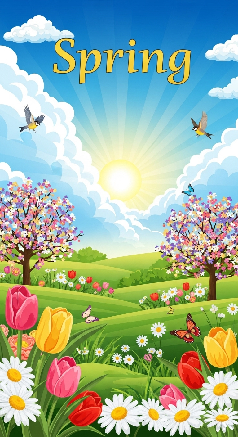Colorful Spring Vector Illustration: Blooming Flowers, Green Fields & Sunny Skies Colorful Spring Vector Illustration: Blooming Flowers, Green Fields & Sunny Skies