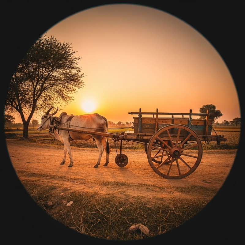 Vintage Countryside Scene at Sunset | Rustic Bullock Cart